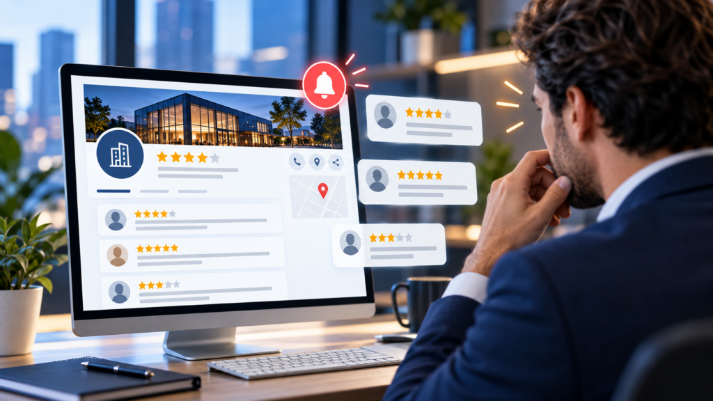 Imprenditore che scopre un profilo aziendale pubblico con recensioni e valutazioni online.
