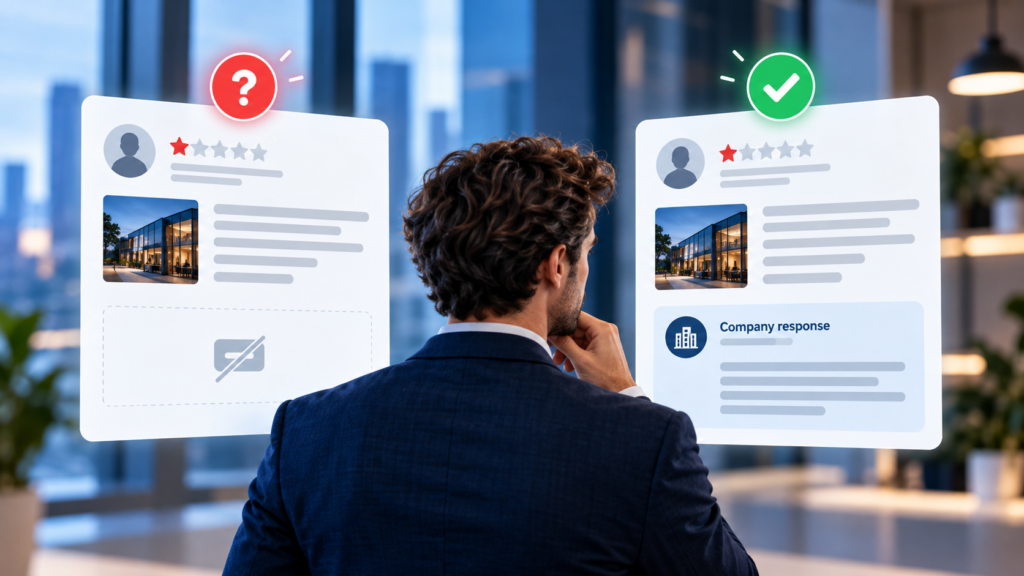 Confronto illustrativo tra una recensione negativa senza risposta e una recensione con replica professionale dell'azienda.